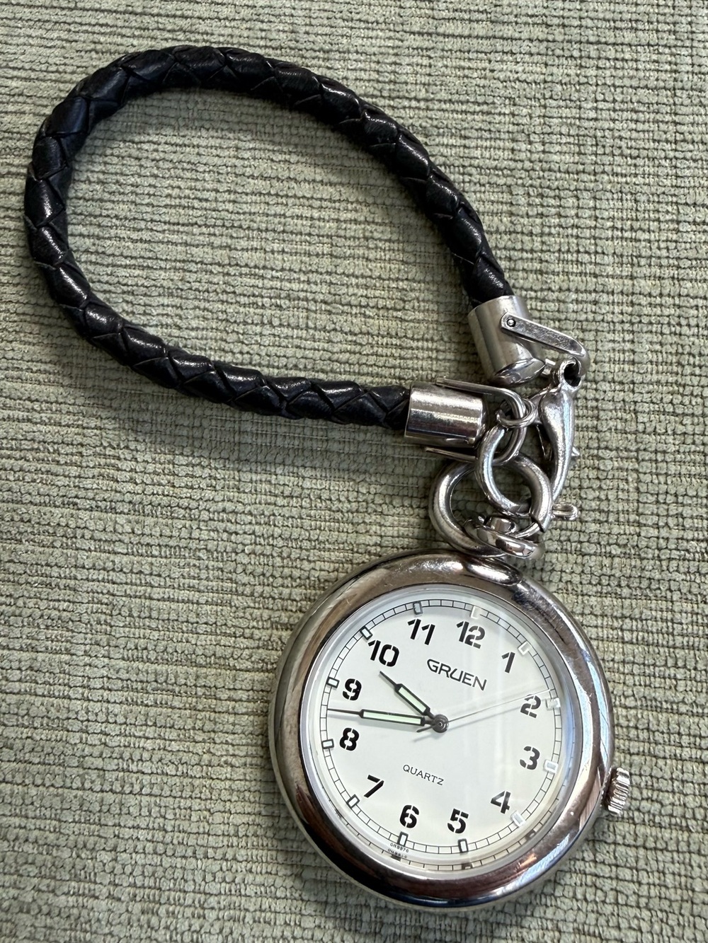 Vintage Gruen SS Pocket-Watch with black braided  keychain.